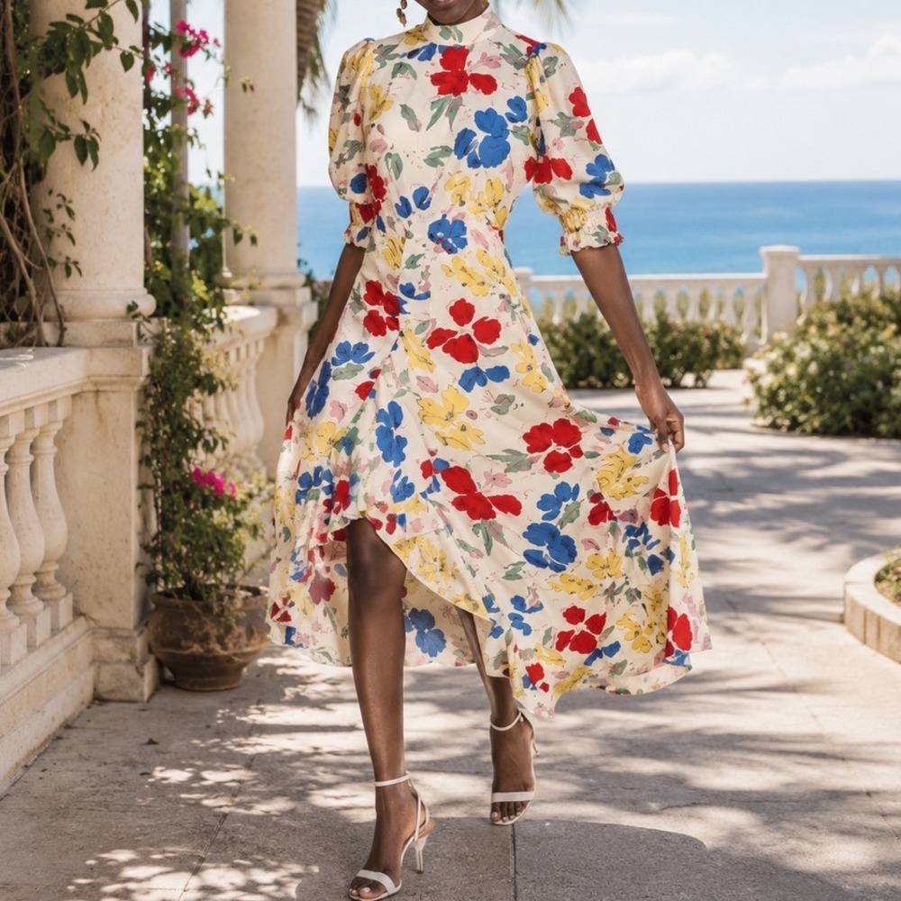 Rixo for Target Floral High Neck Puff Sleeve Ruffle Midi Dress White cc